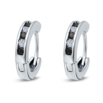 Eternity Huggie Hoop Earrings Channel Round Simulated Black Cubic Zirconia 925 Sterling Silver